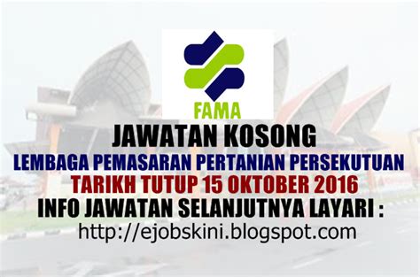 Kekosongan di fama telah membuka peluang jawatan kosong 2019 kepada warganegara malaysia yang berminat dalam bidang ini serta berkelayakan. Jawatan Kosong Lembaga Pemasaran Pertanian Persekutuan ...
