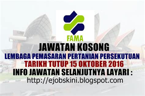 Portal jawatan kosong ingin berkongsi maklumat peluang pekerjaan yang kini dibuka di lembaga pemasaran pertanian persekutuan (fama) dan kepada warganegara malaysia yang berminat serta berkelayakan dipelawa untuk mengisi. Jawatan Kosong Lembaga Pemasaran Pertanian Persekutuan ...