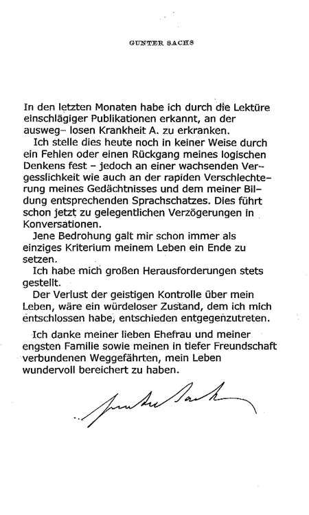 Ehe ich aus freiem willen und mit klaren sinnen aus dem leben scheide, drängt es mich eine letzte pflicht. Gunter Sachs - der bewegende Abschiedsbrief - Leute - Bild.de