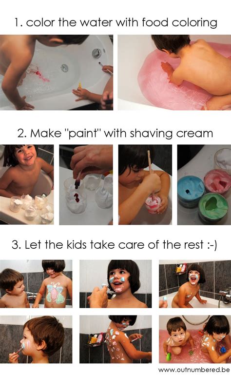 Lay a large plastic tablecloth down to contain the mess. Creative bath for kids - colored water and shaving cream ...