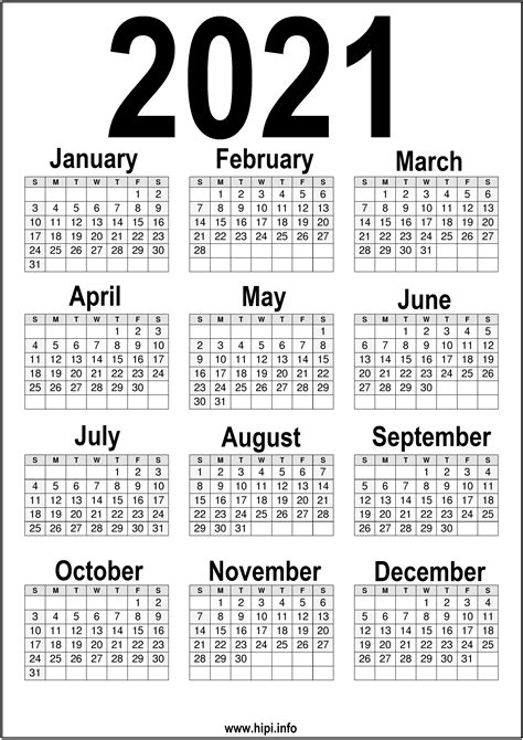 This calendar allows you to print the full year on one most calendars are blank and the excel files allow you claer anything you don't want. Black and white Printable 2021 Calendar - Hipi.info