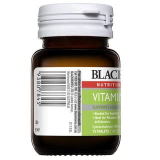 Vitamin b12 is essential for proper red blood cell production, neurological and cognitive function, and dna synthesis. Blackmores Vitamin B12 (Cyanocobalamin) 100mcg 75 Tablets ...