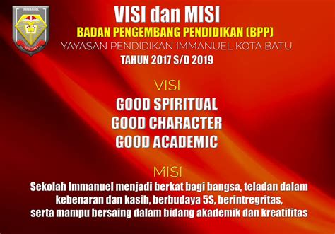 Patokan inilah yang digunakan sebagai landasan untuk melakukan berbagai aktivitas di dalamnya. VISI dan MISI Sekolah Immanuel - IMMANUEL WEBBLOG