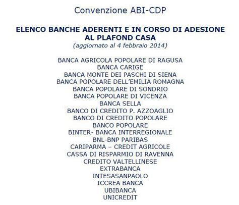 Plafond casa nasce dalla convenzione del 20 novembre 2013 tra abi (associazione bancaria italiana) e cassa depositi e prestiti (cdp) con l'obiettivo di definire le linee guida per l'erogazione da. Plafond casa, pubblicata la lista delle 20 banche aderenti ...