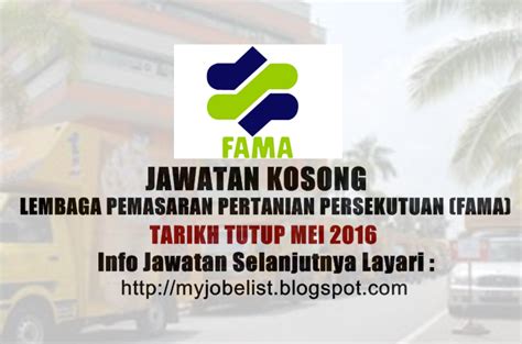 Portal jawatan kosong ingin berkongsi maklumat peluang pekerjaan yang kini dibuka di lembaga pemasaran pertanian persekutuan (fama) dan kepada warganegara malaysia yang berminat serta berkelayakan dipelawa untuk mengisi kekosongan jawatan ini seperti berikut Jawatan Kosong di Lembaga Pemasaran Pertanian Persekutuan ...