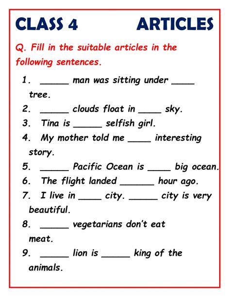 Class 3 english grammar worksheets. Articles English Grammar English Worksheet For Class 3 ...