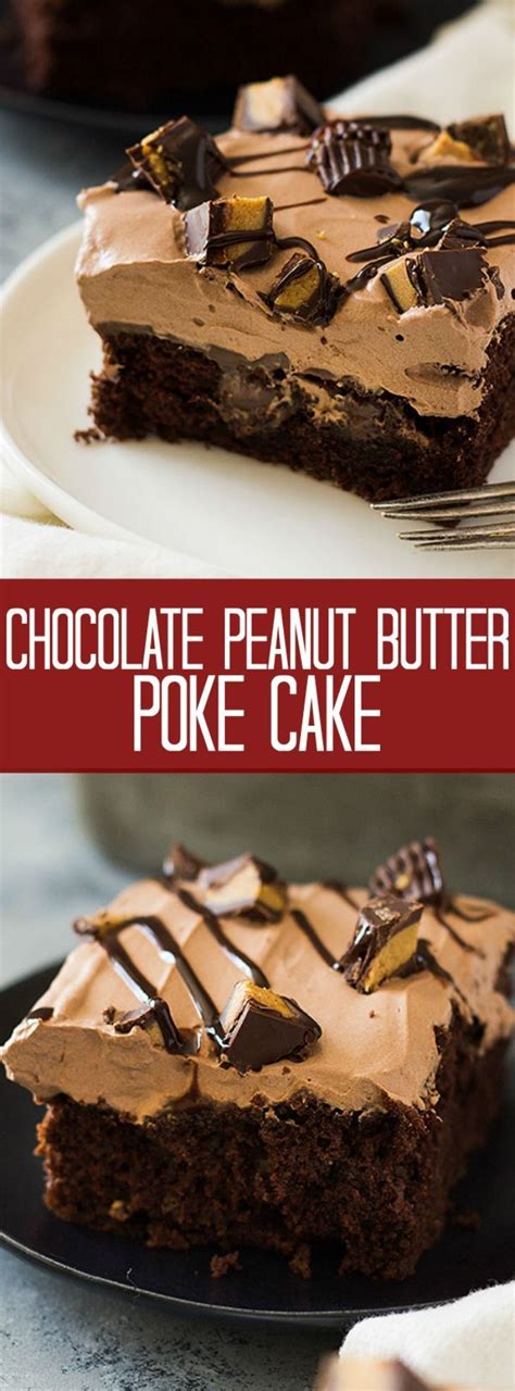 Preheat the oven to 350 degrees. This Chocolate Peanut Butter Poke Cake is a chocolate cake soaked in peanut butter goodnes ...