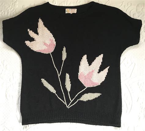 Vintage Sweater . cotton sweater . black cotton sweater . Sweater . tulip sweater . pink tulip ...