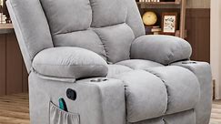 Jocisland Oversized Rocker Recliner Chair with Massage for Living Room, Overstuffed 360° Swivel Single Sofa with Detachable Cup Holders, Home Theater Seating, Light Grey