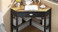 Corner Desk, Triangle Desk with Drawers and Shelves, Wood Corner Console Table, Vanity Table with Storage, Corner Writing Desk, Small Corner Desks for Small Spaces (Rustic Brown)