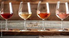 four wine glasses arranged in a row on a rustic wooden tray each containing a different type of wine chardonnay zinfandel syrah and rosÃ©. .