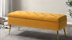 Velvet Storage Ottoman Bench 45.5" Gold Leg Upholstered Nailhead Trim Button Tufted Bed Foot Stool Home Living Room Mustard