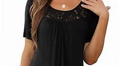 a.Jesdani Womens Tops Plus Size Short Sleeve Black Shirts Lace Pleated Tunic Blouses 2XL