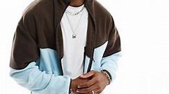 ASOS DESIGN oversized zip through track jacket in blue polar fleece with brown colour blocking | ASOS