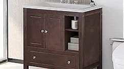 LUMISOL 30" Bathroom Vanity with Sink, Free Standing Single Basin Vanity Set with Double-Door Cabinet and Drawer, Modern Wooden Bathroom Cabinet with Ceramic Sink for Bathroom, Brown