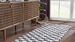 Hauteloom Atira Checkered Shag Runner Rug - Checkboard Design - High Pile Fluffy Shaggy Touch - Square Tiles - Kids Room, Hallway, Bedroom Shag - Black, White - 2'7" x 7'3"