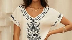 Women's Embroidered Vintage Dress Long Dress Maxi Dress Floral V Neck Short Sleeve Summer Spring White 2024