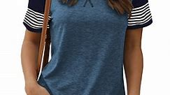 TEMOFON Womens Shirts Summer Short Sleeve Tops Going Out Tops for Women Color Block Tunic Tops Roundneck Blue Tees Dressy Casual Spring