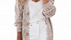 Dokotoo Women's Crochet Sweater Cardigans Button Down Open Front Long Cardigan Side Slit Ribbed Knit Sweaters Coat S-XXL