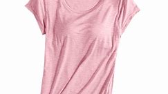 JGGSPWM Womens Solid Short Sleeve Tops Crewneck Build in Bra Blouse Plus Size Shirts Summer 2023 Tunic Tees Tshirts Pink XL