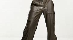 Pull&Bear faux leather cargo wide leg pants in khaki | ASOS