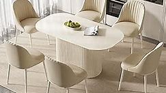 White Dining Table Set, 63" Rectange Dining Room Table with 6 Chairs Set for Dinner, Modern Dining Kitchen Table with Sturdy Ripple Pedestal and Round Edge, Comfy Elasticity Dining Chairs