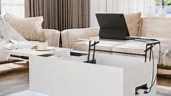 Hommpa Lift Top Coffee Table with Charging Station LED 21.65"H White High Gloss Rising Center Cocktail Tables Hidden Storage
