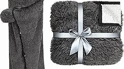 Happy Fuel Dark Grey Wearable Throw Blanket Hoodie For Women- Thick Cozy 52"X60" Sherpa Fleece Shaggy Decor For Couch, Bed & Sofa - Soft Fuzzy Faux Fur Hooded Gray Throw Blankets For Adults