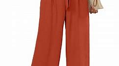 Chiclily Women's Belted Wide Leg Pants with Pockets Lightweight High Waisted Adjustable Tie Knot Loose Trousers Flowy Summer Beach Lounge Pants, US Size XL in Burnt Orange
