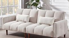 Aukfa Futon Convertible Sofa Bed, 81" 3 Seater Couch for Living Room, 8 Solid Wood Legs, Linen, Beige
