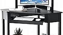 Corner Computer Desk with Hutch, Triangle Corner Desk w/Keyboard Tray and Bookshelves, Corner Writing Desk with Storage Shelves, Small Corner Desks for Small Spaces (Black)