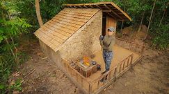 Building Complete Survival Bushcraft Shelter With Log cabin roof, Overnight Alone