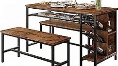 IRONCK 3-Piece Dining Table Set for 4, 47inch Kitchen Table with 2 Benches, Wine Rack and Glass Holder, Space-Saving Dinette, Vintage Brown