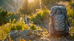 Hiking backpack in forest. Travel and active lifestyle concept. Adventure backpacker green park. Young hiker journey nature. Trekking mountain freedom in outdoor exploration and camping.