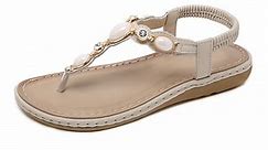 SHIBEVER Summer Braided Flats Sandals for Women Casual Bohemian Beach Elastic T-Strap Thong Flip Flops Shoes