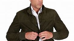 Men's Suede Leather Jacket bomber with buttons olive green Alex bottoni