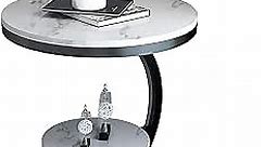 Luxury Marble Sofa Side Table 2 Tier Round Corner Table for Living Room Hotel Sofa End Bedside Table (Black+White)
