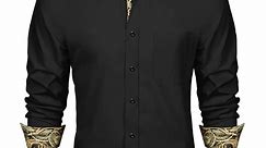 HISDERN Men Dress Shirts Long Sleeve Formal Shirt Casual Button Down Shirt Business Shirt Black Glod