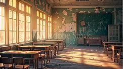 An unoccupied classroom with neatly arranged desks and a chalkboard at the front of the room, Artistic rendering of a lonely, abandoned classroom, AI Generated