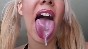 Sexy blonde tongue spit fetish