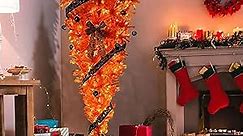 7.5 Ft Orange Upside Down Christmas Tree with 300 Led Warm Lights x-Mas, Halloween-Themed Ornaments and Satin Ribbon