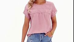 UVN Summer Shirts for Women Short Sleeve Blouses Ladies Crewneck Lace Crochet Tops Dressy Chiffon Blouses