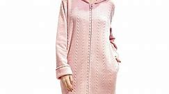 LOFIR Womens Zipper Front Robe, Long Plush Hooded Fleece Soft Bathrobes for Women Housecoat Sleepwear Pajamas (S/M, Pink)