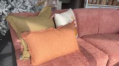 Maddie Clay Pink Boucle Sofa. Choose between curved or square sectional pieces and create your own unique modular sofa. Each modular piece is $799 and the ottoman is $399. #afforable #quality #styleyourway #sofa #ottoman #homeandbeyondcairns #furniture #furnituredesign #interiorstyle | Home & Beyond Cairns