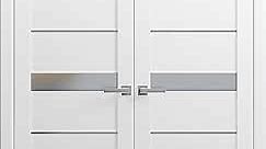 French Double Panel Lite Doors 72 x 80 with Hardware | Quadro 4055 White Silk with Frosted Opaque Glass | Panel Frame Trims | Bathroom Bedroom Interior Sturdy Door