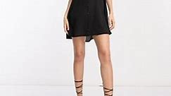 ASOS DESIGN Petite flutter sleeve mini tea dress with buttons in black | ASOS
