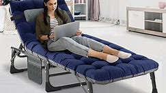 MOPHOTO Portable Adjustable Folding Chaise Lounge Living Room, Chaise Lounge Indoor Outdoor, 5-Position Folding Lounge Chairs with Mattress&Pillow for Adults, Folding Camping Cot Bed Sleeping Cots
