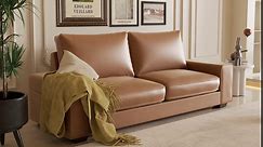 88.58" Faux Leather Sofa Couch,Living Room 3 Seater Sofa with Wide Arm and Side Pocket, Mid-Century Modern Couch with Solid Wooden Frame and Padded Cushion
