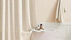 Extra Long Shower Curtain - 72x84 Long Boho Chic Striped Tassel Linen Fabric Shower Curtain Set with Hooks, Tall Modern Farmhouse Cute Heavy Duty Cloth Shower Curtains for Bathroom - Cream/Beige