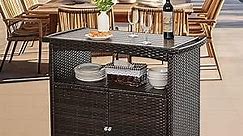 Outdoor Bar Cart with Storage Cabinet Patio Wicker Sideboard Buffet Cabinet Prep Table Outside Kitchen Serving Cart with Rolling Wheels & Handle Rattan Portable Bar Table with Shelves Doors Brown